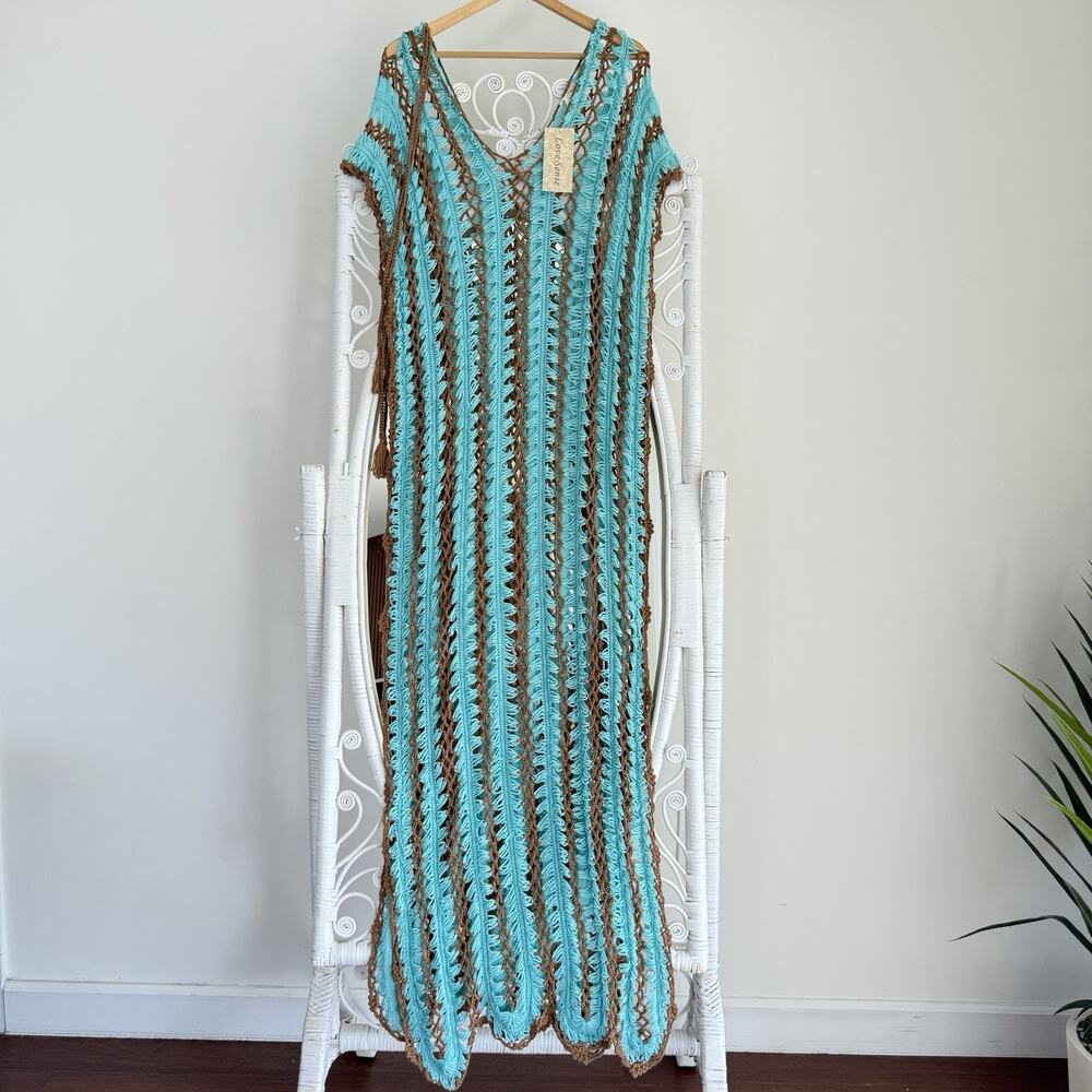 Crochet Maxi Cover Up Dress M/L Blue Brown Knit Boho Festival Cowgirl Beach - Picture 11 of 11